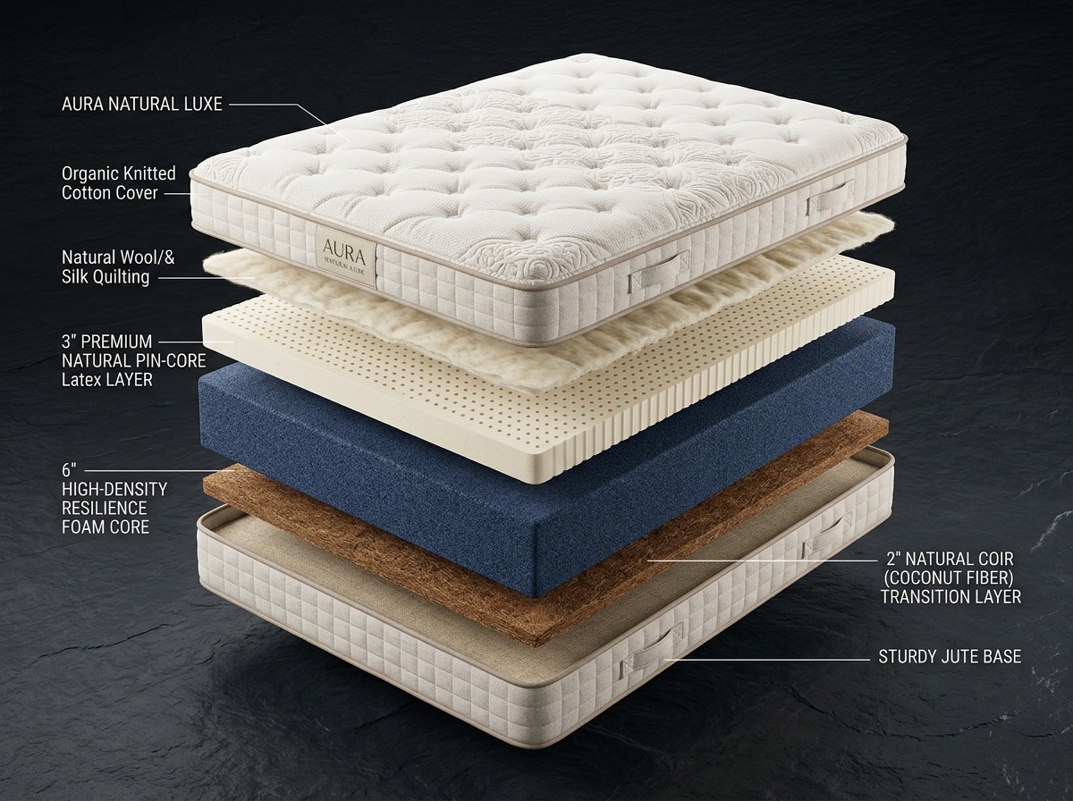 Cut-away view of a Matrelux mattress showing its cotton cover, latex layer, foam core and coir base